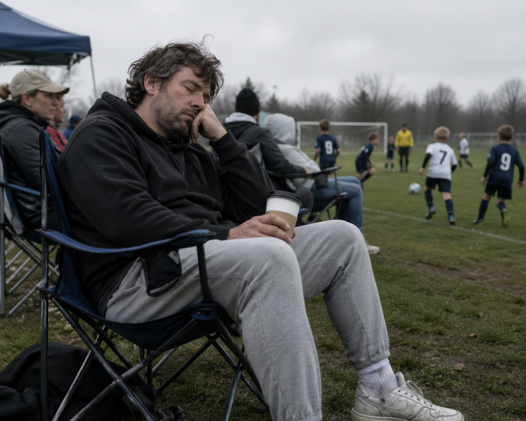 Man resting on the sidelines of a sporting event
