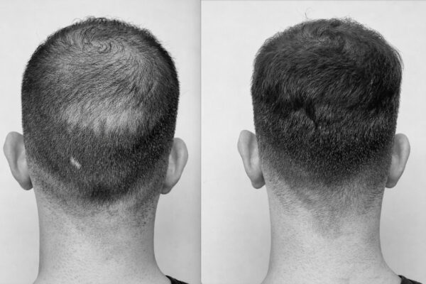 Illustrative side-by-side example of thinning hair and fuller-looking hair