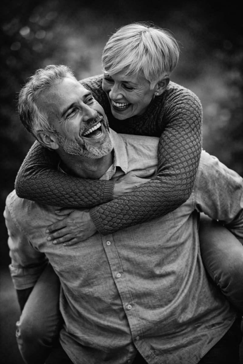 A laughing older couple enjoying time together outdoors
